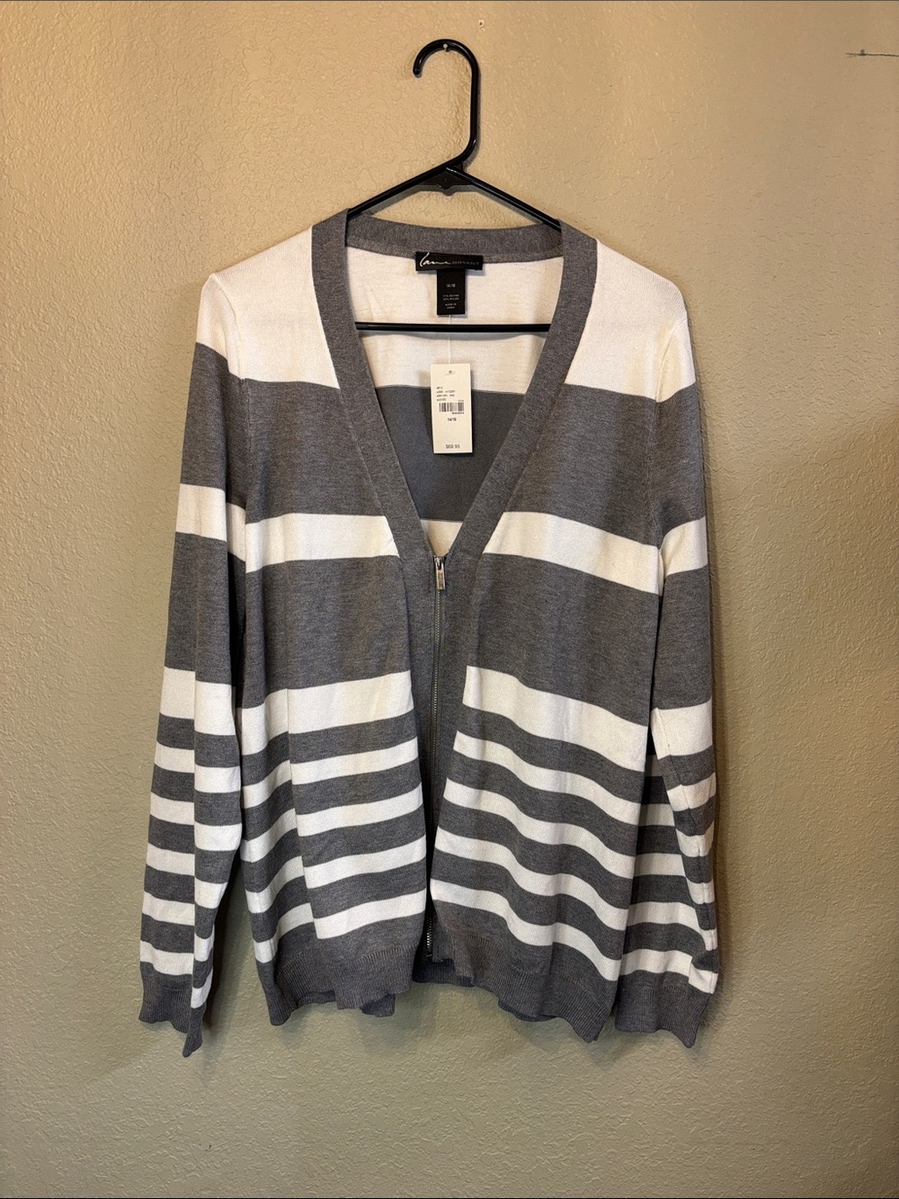 New Lane Bryant Sweater Women’s Gray White Striped Knit Zip Cardigan Sz 14/16
